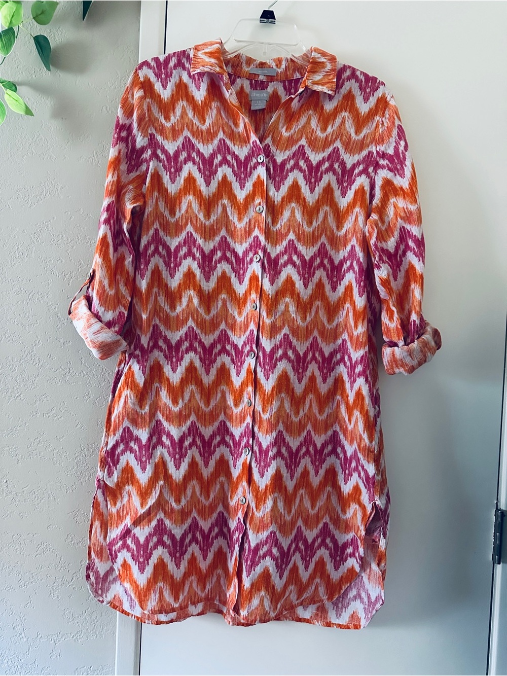Chico's Button-Down Shirt Dress- size 10 Vibrant Orange & Pink Zigzag